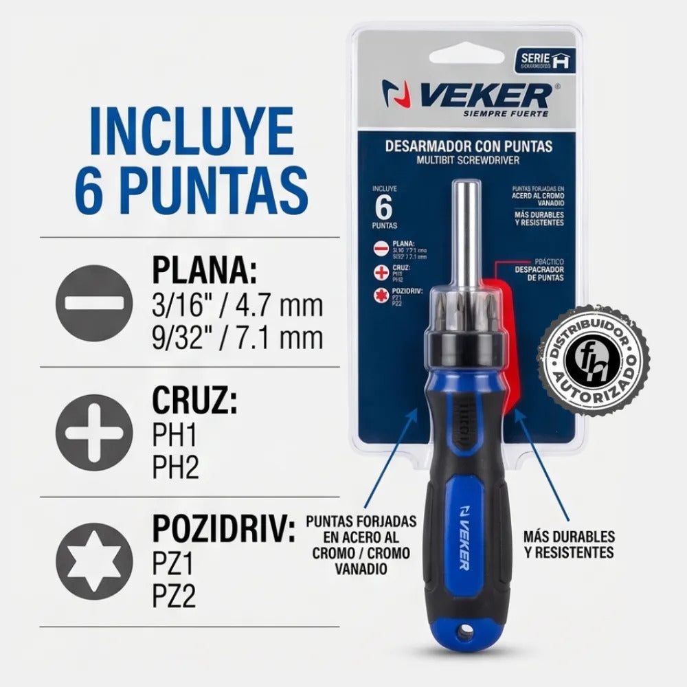 Juego Desarmador Con 6 Puntas Intercambiables Veker 12220 Multipunta Herramienta Multiusos Destornillador de Precisión