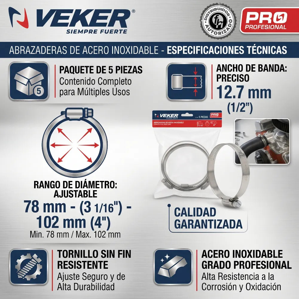 Abrazadera Reforzada Acero Inoxidable 78 - 102mm (5 piezas) Veker 12600