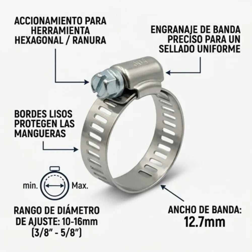 Abrazadera Reforzada 12584 Acero Inox 3/8 - 5/8 Veker 10pzs