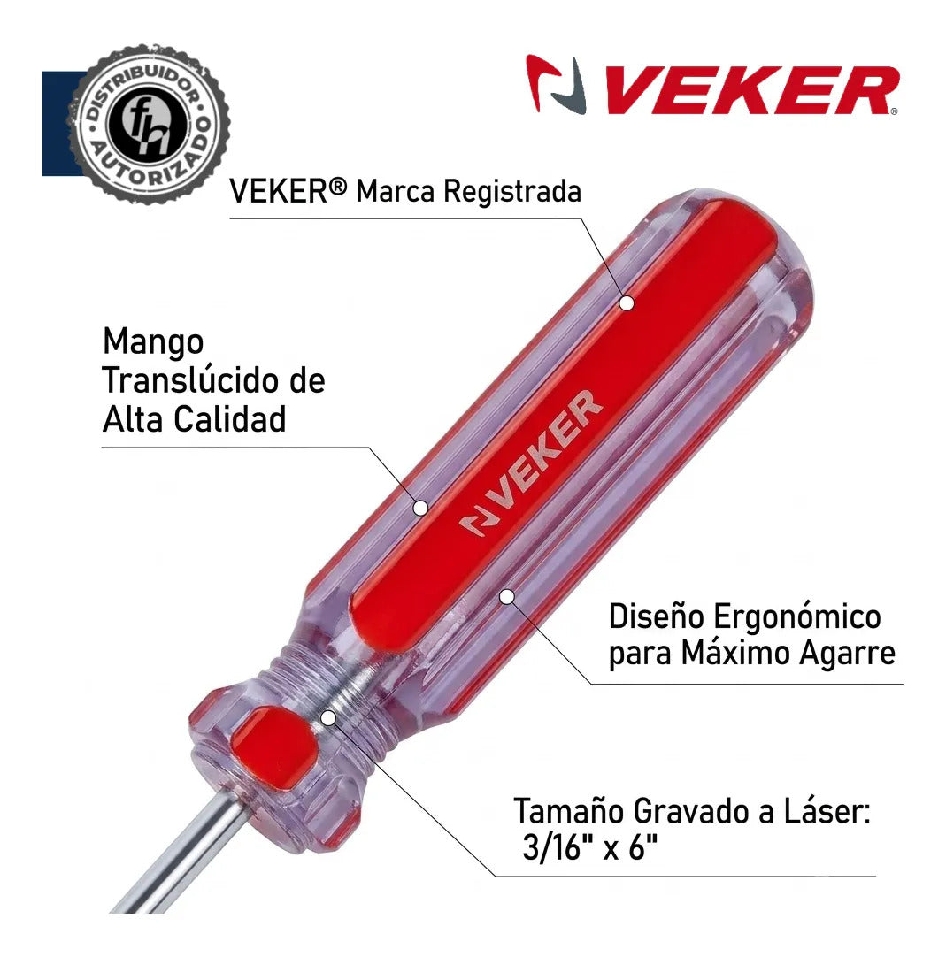 Desarmador Plano Magnético Mango PVC 3/16x6'' Veker 12207 Herramienta Multiusos Destornillador de Precisión Mango PVC Punta Magnética (Copia)