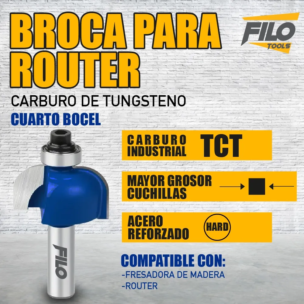 Broca Para Router 1 1/2'' Rebajadora de Madera Cuarto Bocel 1 Pieza