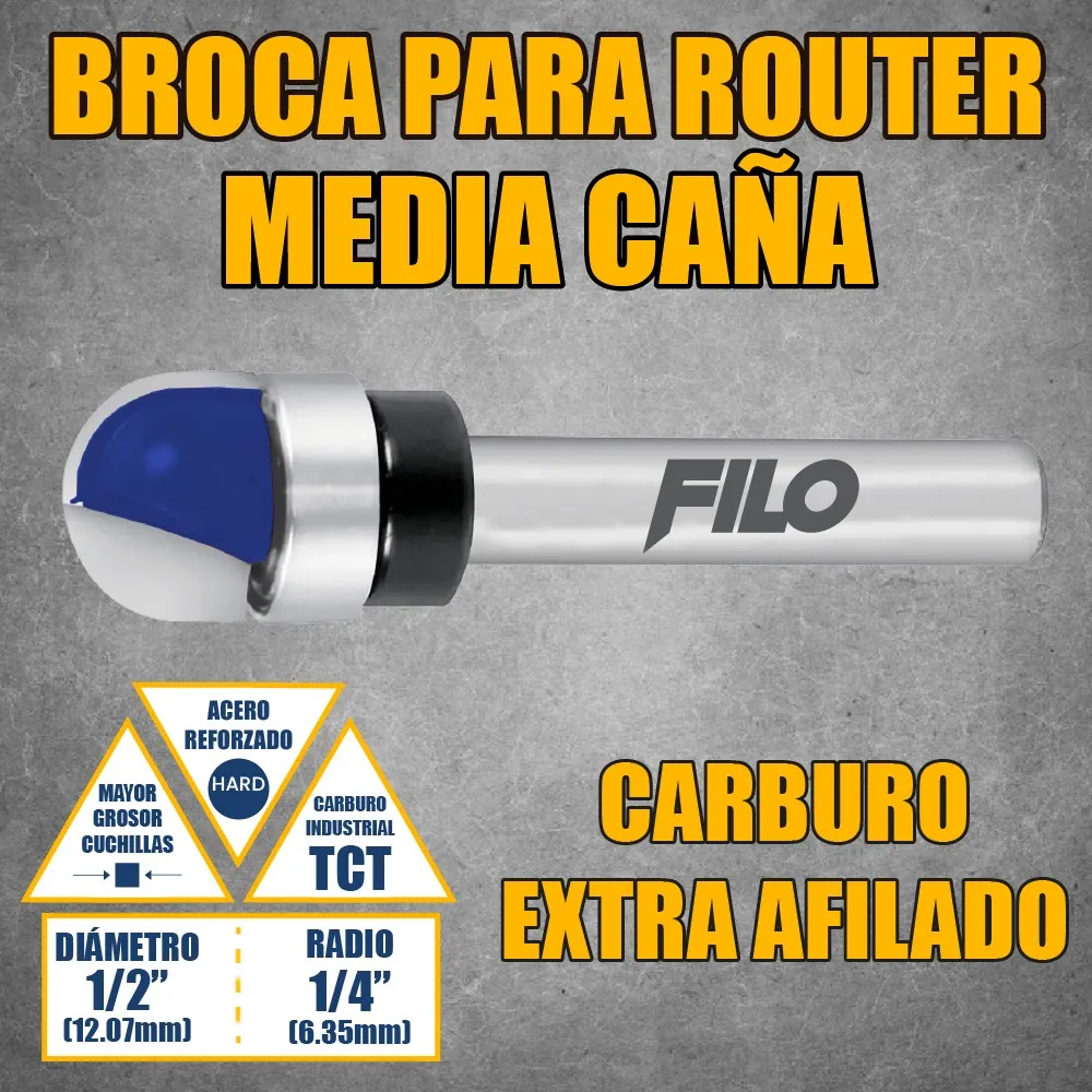 Broca Para Router 1/2'' Rebajadora de Madera Media Caña 1 Pieza