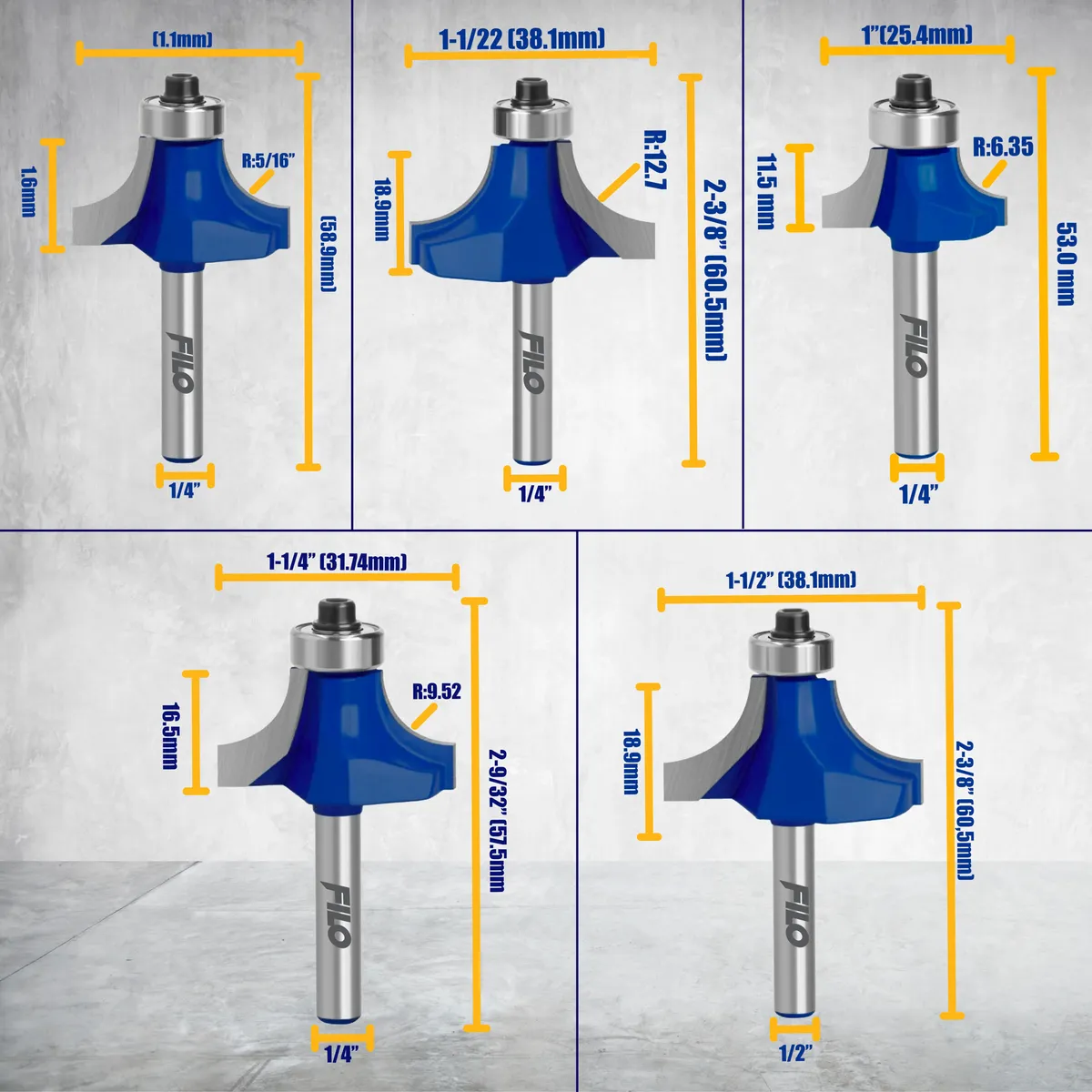 Set 5 Piezas Broca Para Router Rebajadora de Madera Redondeadora