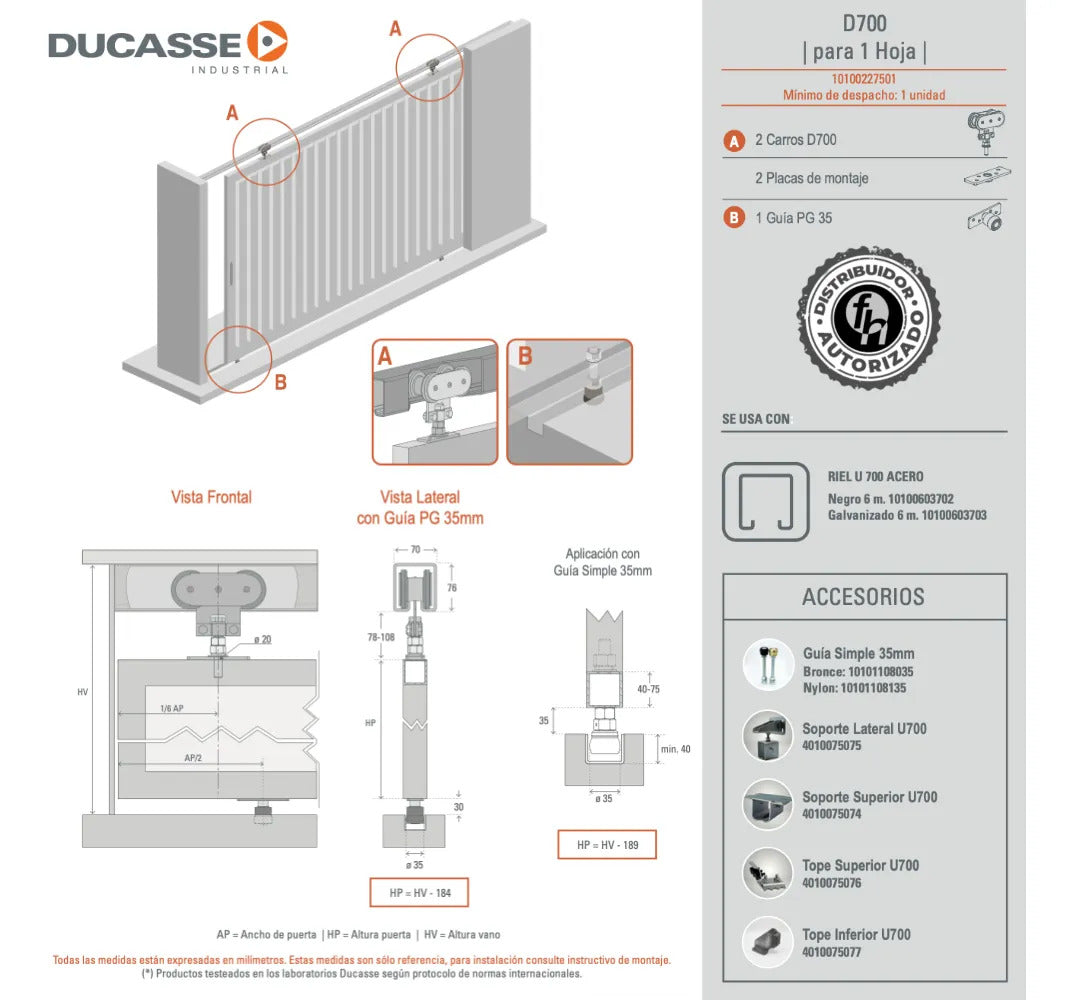 Sistema Corredizo D700 Portón Industrial 700 kg Kit Ducasse