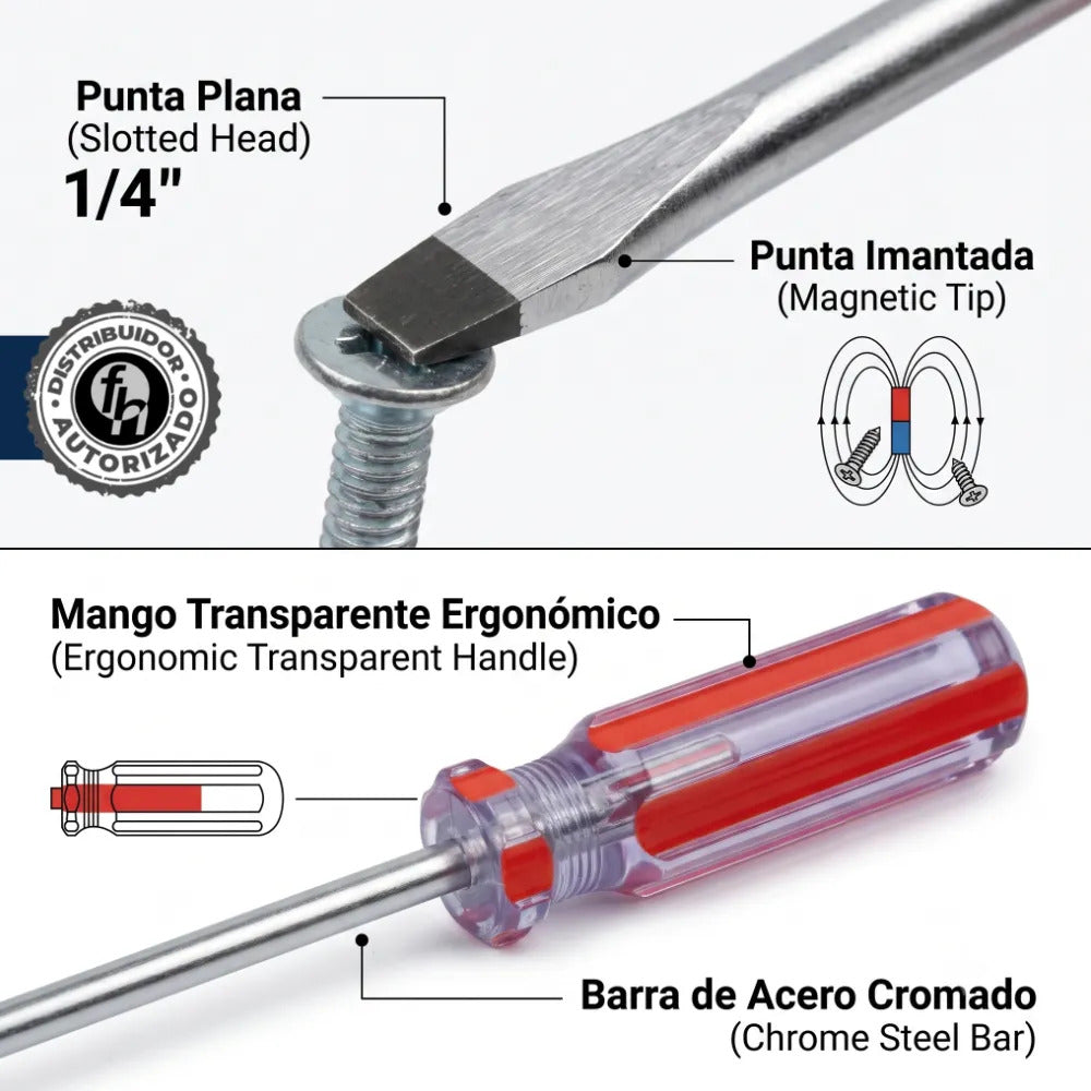 Desarmador Plano Magnético Mango PVC 1/4x6'' Veker 12209 Herramienta Multiusos Destornillador de Precisión Mango PVC Punta Magnética (Copia) (Copia) (Copia)