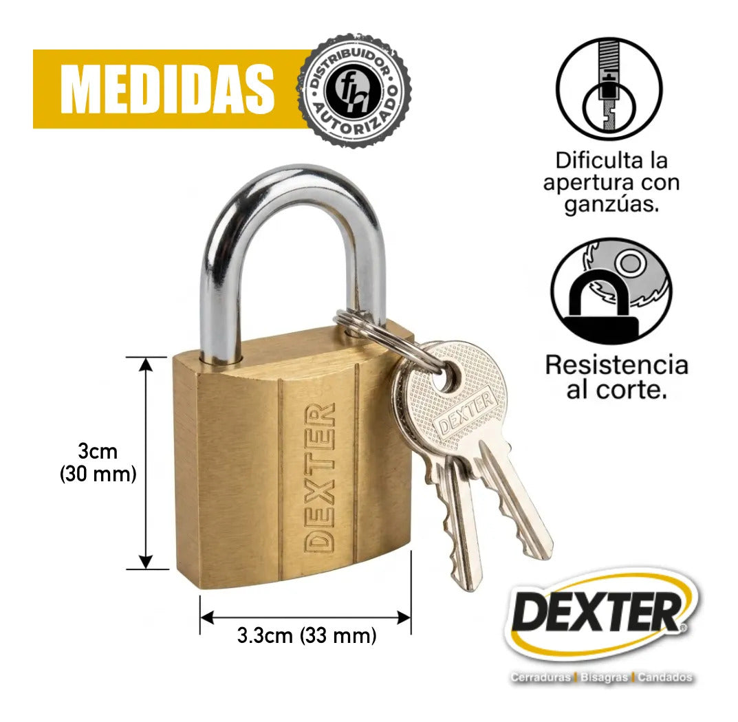 Candado Hierro Latón 30 mm Gancho Corto Dexter Dorado Alta Seguridad Anti Palanca (Copia)