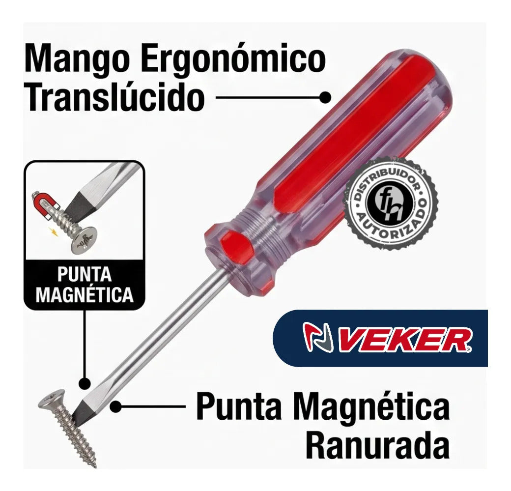 Desarmador Plano Magnético Mango PVC 3/16x4'' Veker 12206 Herramienta Multiusos Destornillador de Precisión Mango PVC Punta Magnética