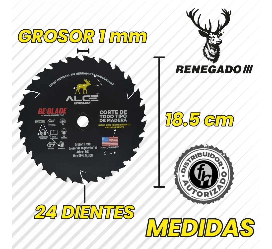 Disco Sierra Madera 7.25'' Renegado 24 Dientes 1 Pieza Negro