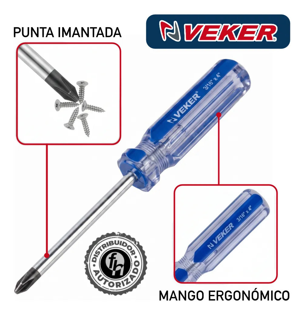Desarmador De Cruz Magnético Mango PVC 3/16x4'' Veker 12212 Herramienta Multiusos Destornillador de Precisión Mango PVC Punta Magnética (Copia) (Copia) (Copia) (Copia) (Copia) (Copia)