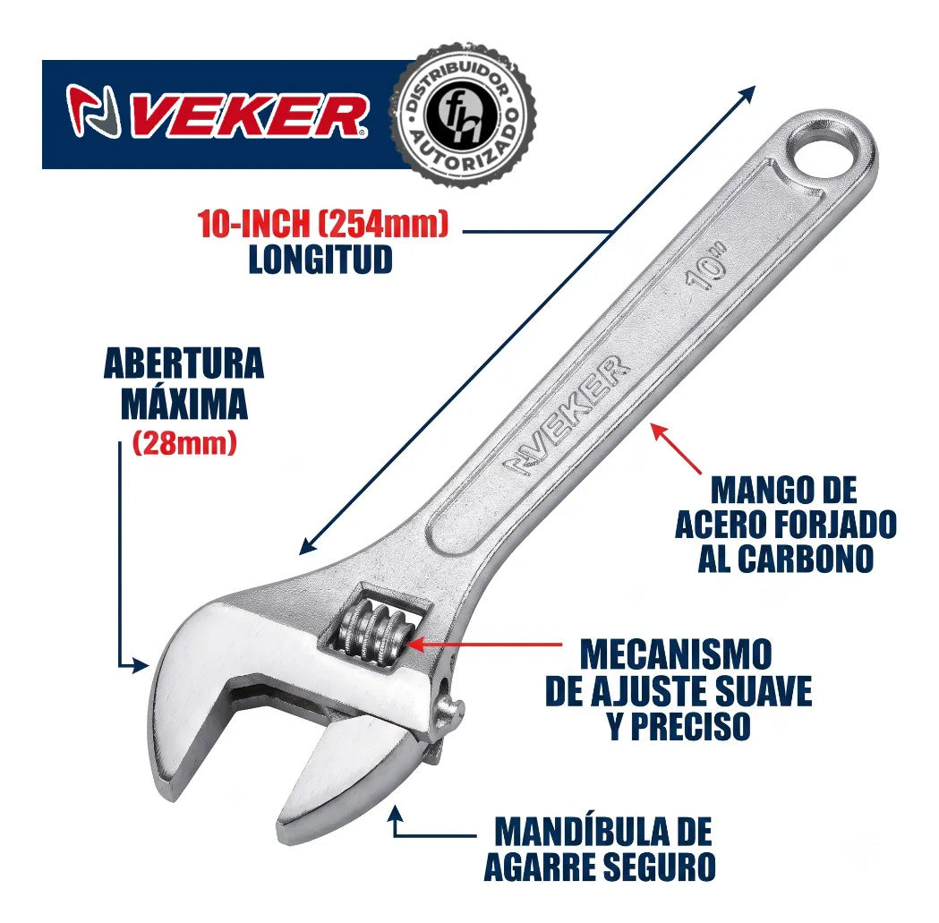 Llave Perico Ajustable 10 Pulgadas Pavonada Veker 12472