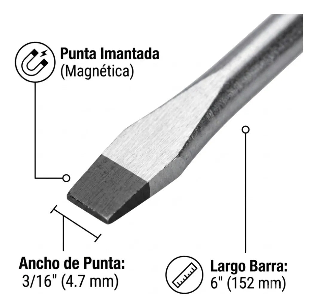 Desarmador Plano Magnético Mango PVC 3/16x6'' Veker 12207 Herramienta Multiusos Destornillador de Precisión Mango PVC Punta Magnética (Copia)
