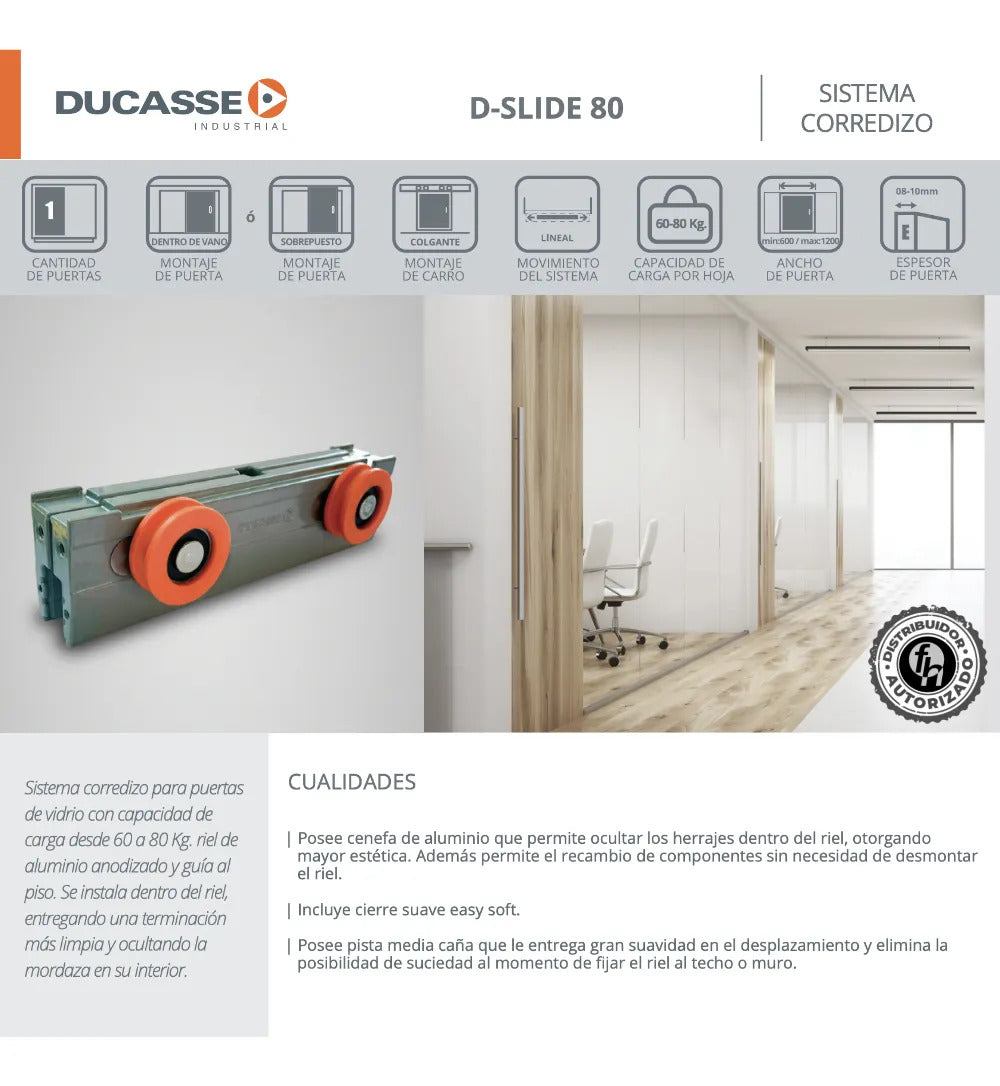 Sistema Carretilla Puertas De Vidrio D Slide 80 Kit Ducasse