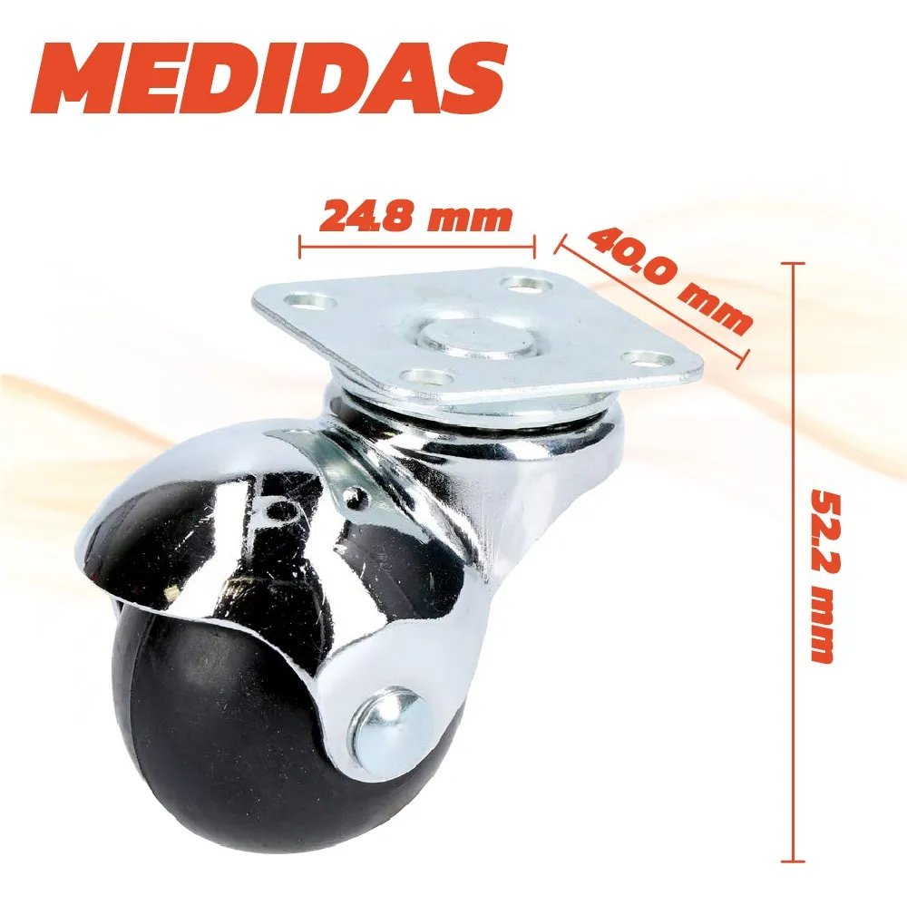 Rodaja Bola Giratoria 40 mm Con Placa 4 Piezas Hule Negro Mate