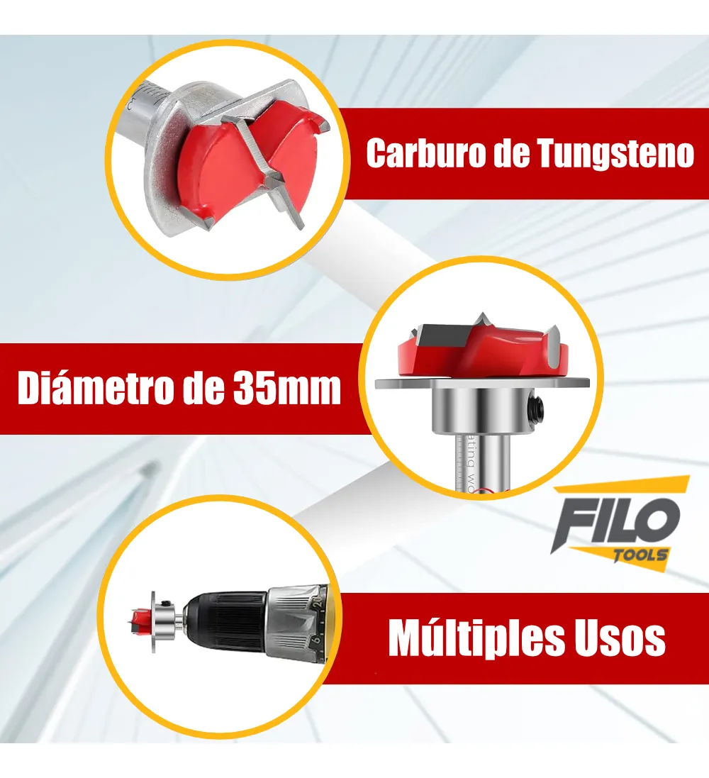 Broca Forstner 35 mm Para Madera Carburo De Tungsteno Con Tope Ajustable