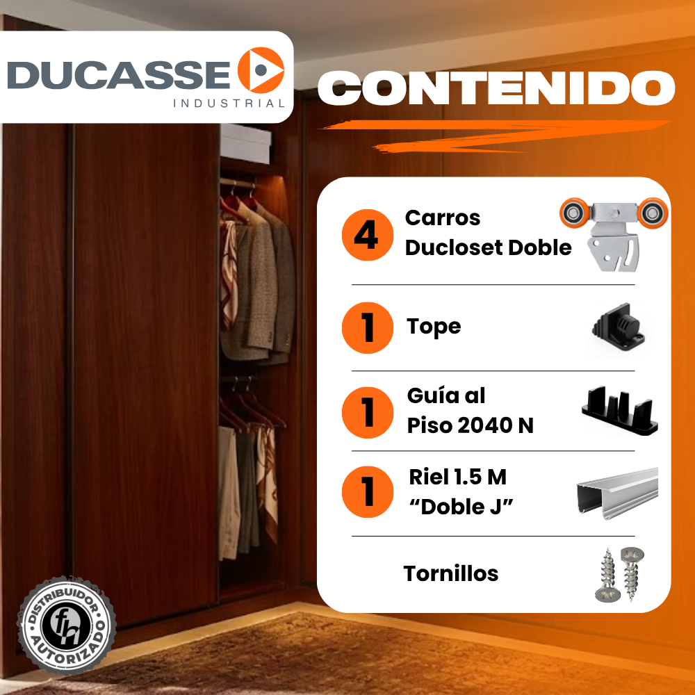 Kit Sistema Corredizo Para Clóset Ducloset Doble Ducasse Con Riel Aluminio Doble J 1.5m