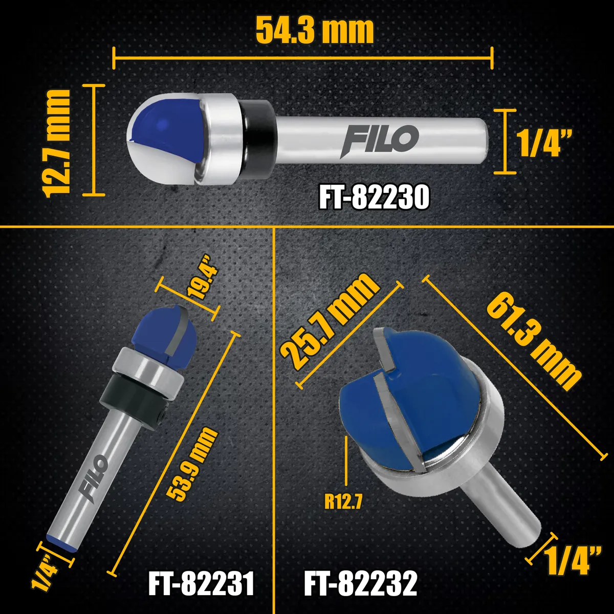 Set 3 Piezas Broca Para Router Rebajadora de Madera Media Caña