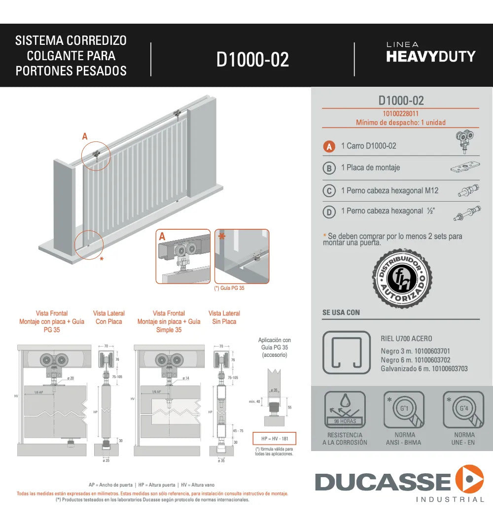 Sistema Corredizo Colgante Porton Industrial D1000 Ducasse
