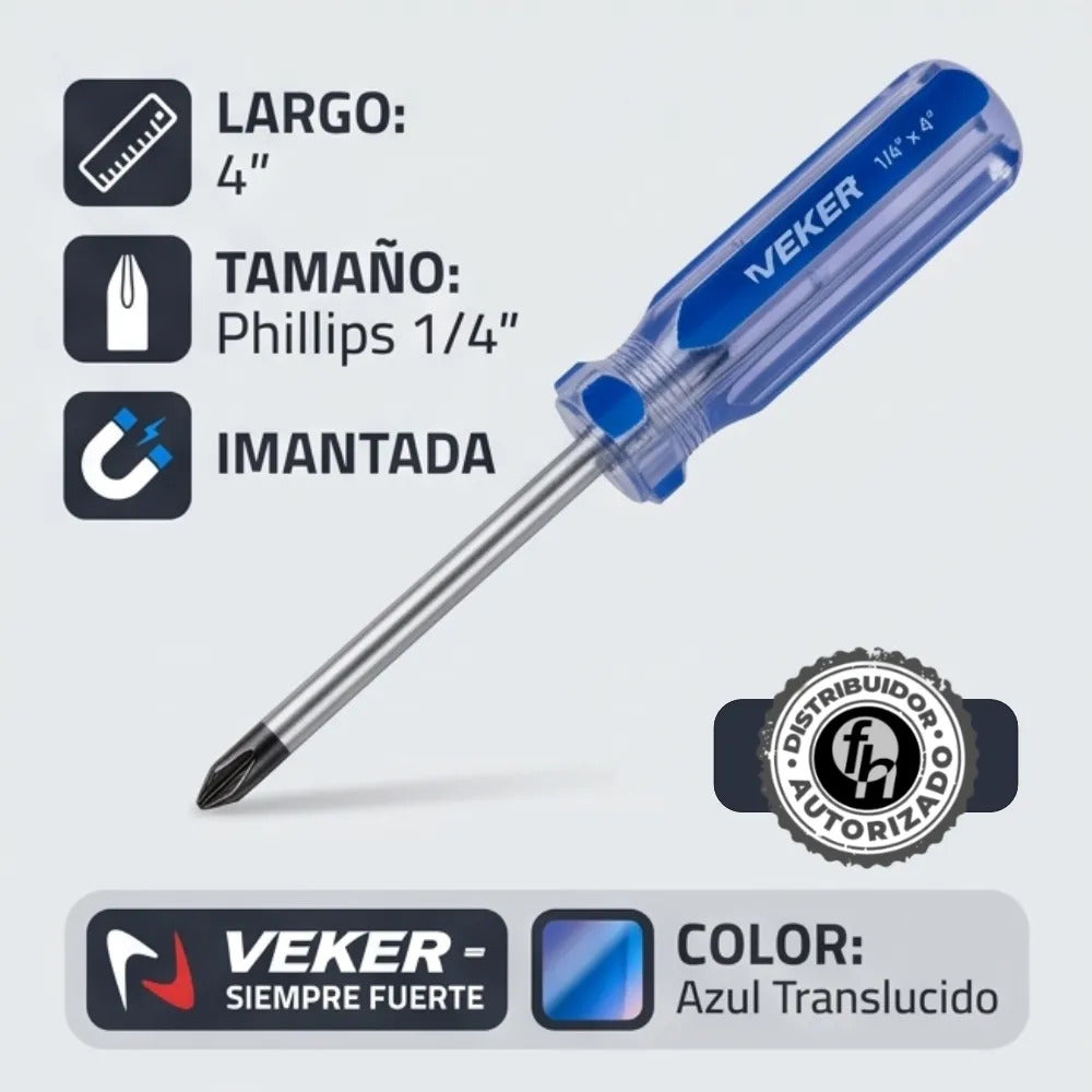 Desarmador De Cruz Magnético Mango PVC 1/4x4'' Veker 12210 Herramienta Multiusos Destornillador de Precisión Mango PVC Punta Magnética (Copia) (Copia) (Copia) (Copia)