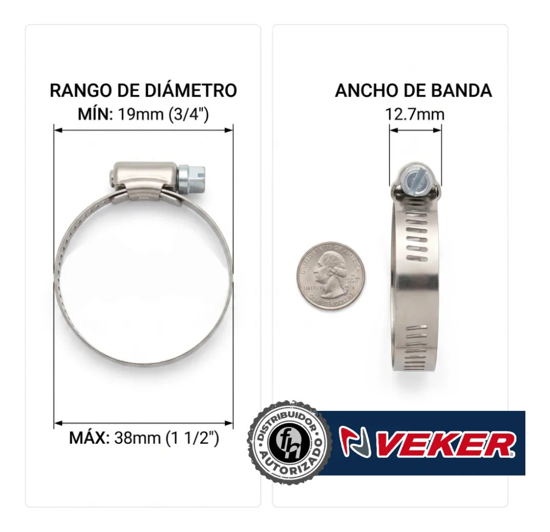 Abrazadera Reforzada 12590 Acero Inox 19-38mm Veker 10pzs