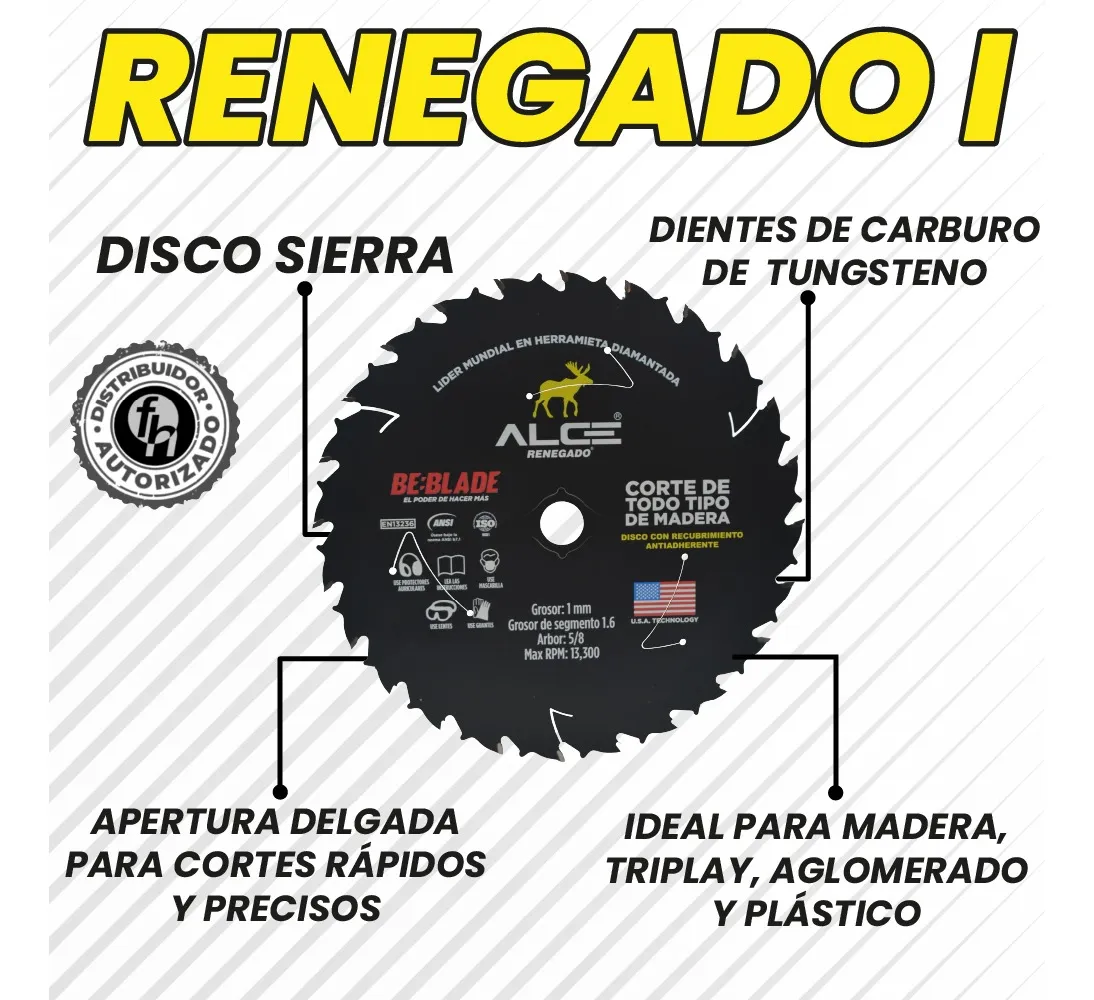 Disco Sierra Madera 7.25'' Renegado 24 Dientes 1 Pieza Negro