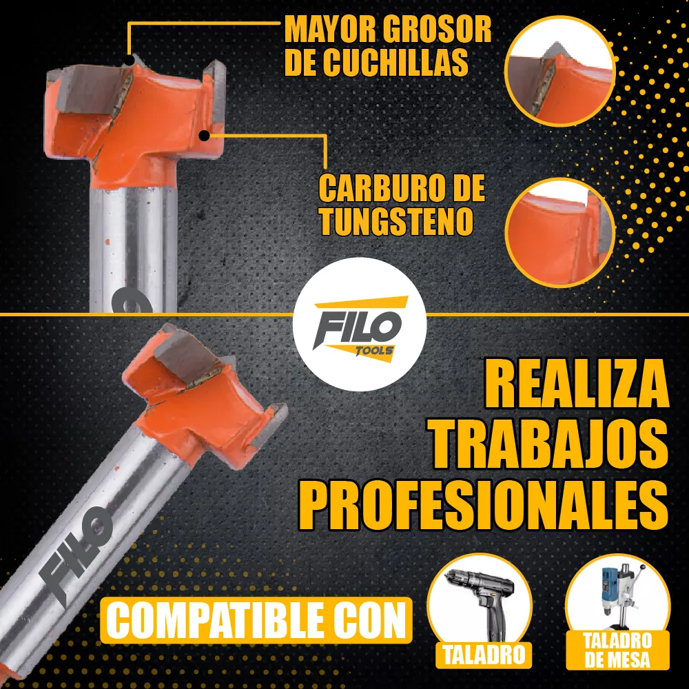 Broca Tipo Forstner Para Madera 26 mm Carburo De Tungsteno + 5 Pares Bisagra