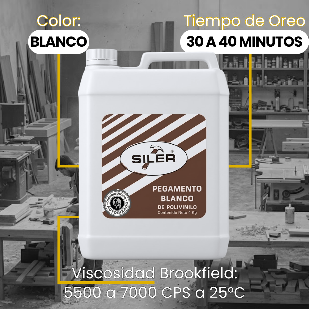 Pegamento Blanco Clásico Madera Siler "B4000" Etiqueta Café 4 kg