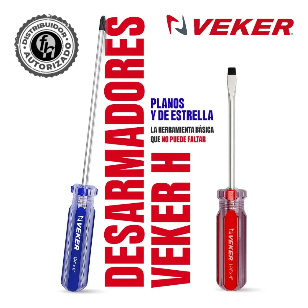 Desarmador Plano Magnético Mango PVC 3/16x4'' Veker 12206 Herramienta Multiusos Destornillador de Precisión Mango PVC Punta Magnética