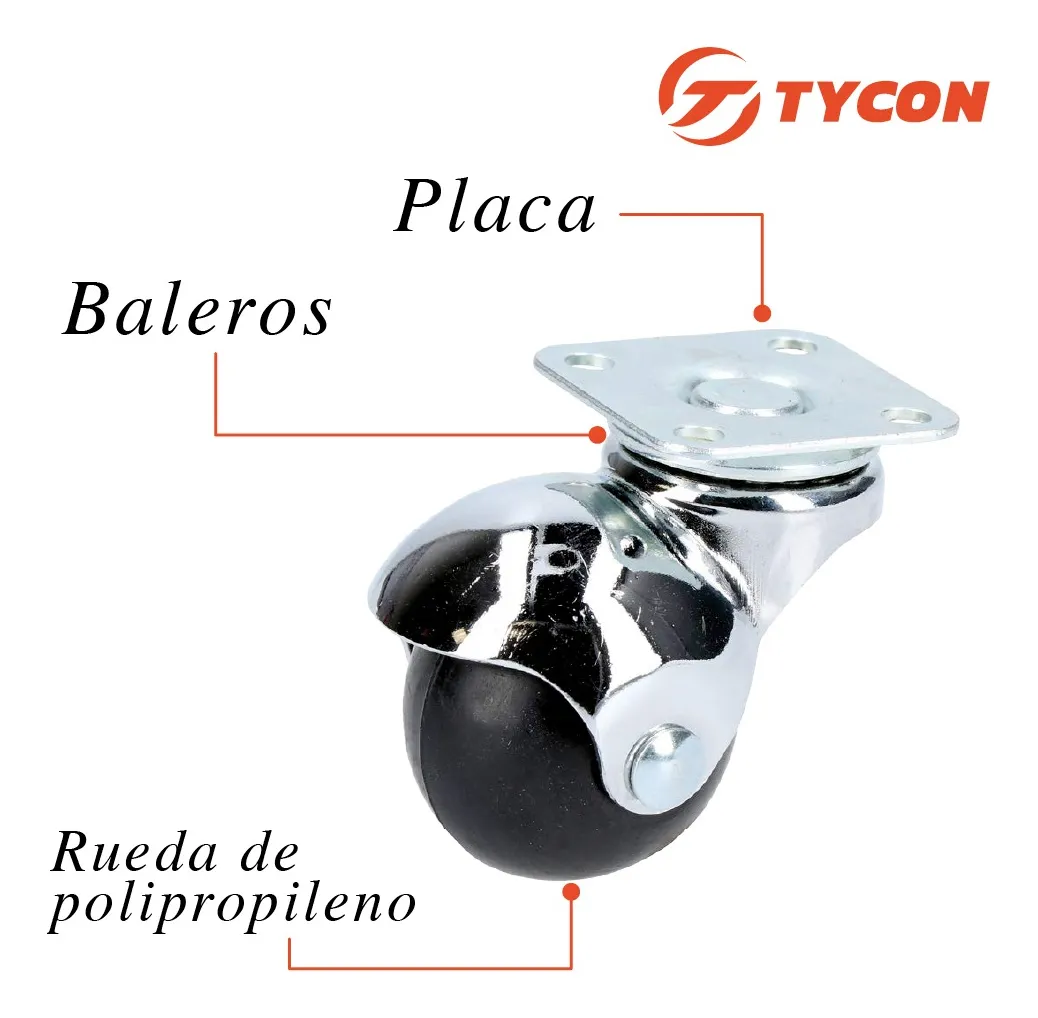 Rodaja Bola Giratoria 40 mm Con Placa 4 Piezas Hule Negro Mate