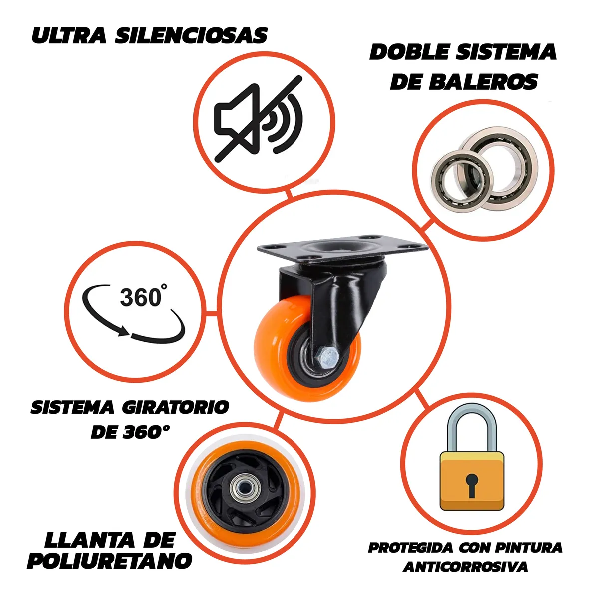 Rodaja Giratoria Rueda Naranja 40 mm Doble Balero