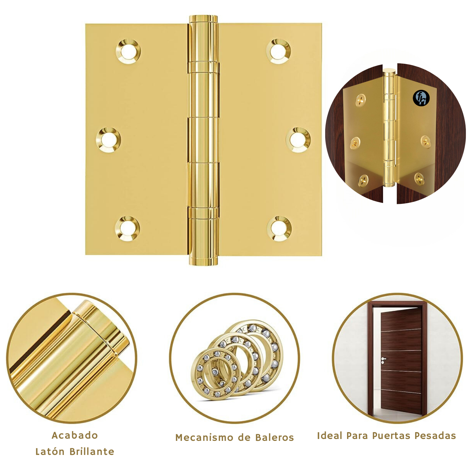 Bisagra 3x3'' Con Balero Para Puertas De Madera Latón Brillante