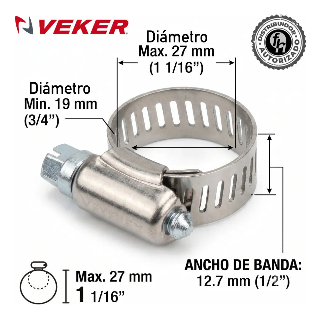 Abrazadera Reforzada 12588 Acero Inox 19 - 27mm Veker 10pzs