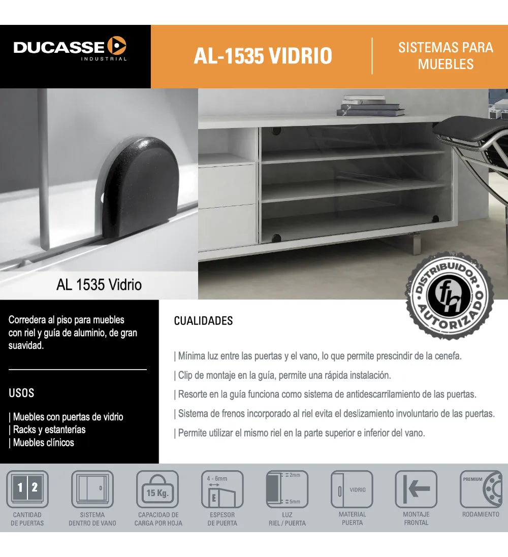 Sistema Corredizo Al 1535 Para Puertas Vidrio Ducasse