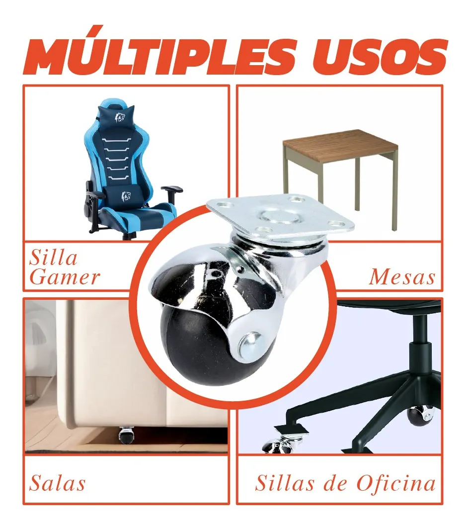 Rodaja Bola Giratoria 40 mm Con Placa 4 Piezas Hule Negro Mate