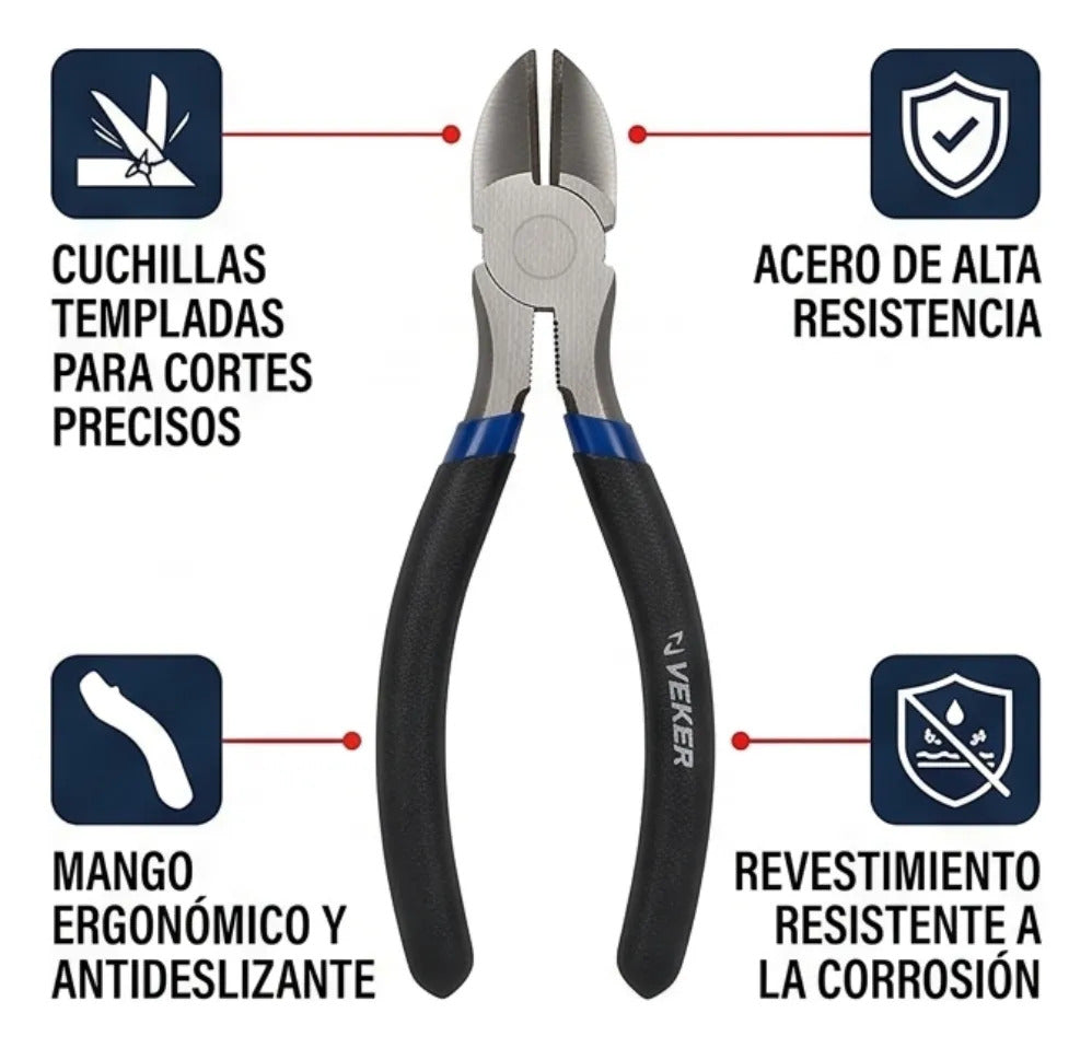 Pinza De Corte Diagonal Cables Y Alambres 6" Pulgadas Veker 12675 Alicate