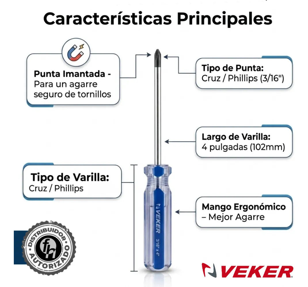 Desarmador De Cruz Magnético Mango PVC 3/16x4'' Veker 12212 Herramienta Multiusos Destornillador de Precisión Mango PVC Punta Magnética (Copia) (Copia) (Copia) (Copia) (Copia) (Copia)
