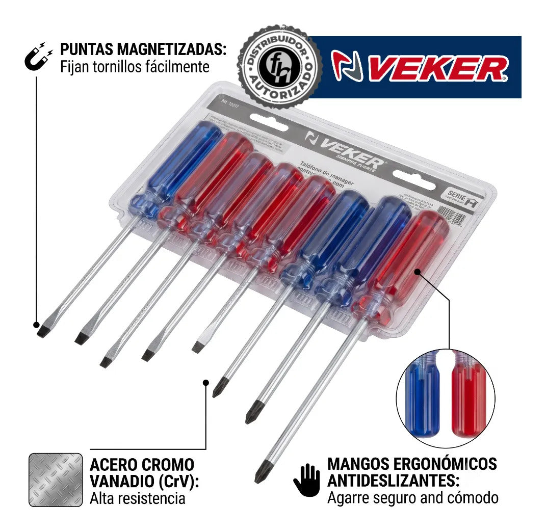 Juego Desarmadores 8pzs Mango Ergonómico, Planos Y Phillips Herramienta Multiusos Destornillador de Precisión Mango PVC Punta Magnética