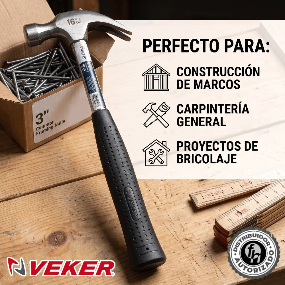 Martillo Uña Curva Pulido 16oz Mango Tubular  De Goma Ergonómico 33 cm Acero Veker 12315