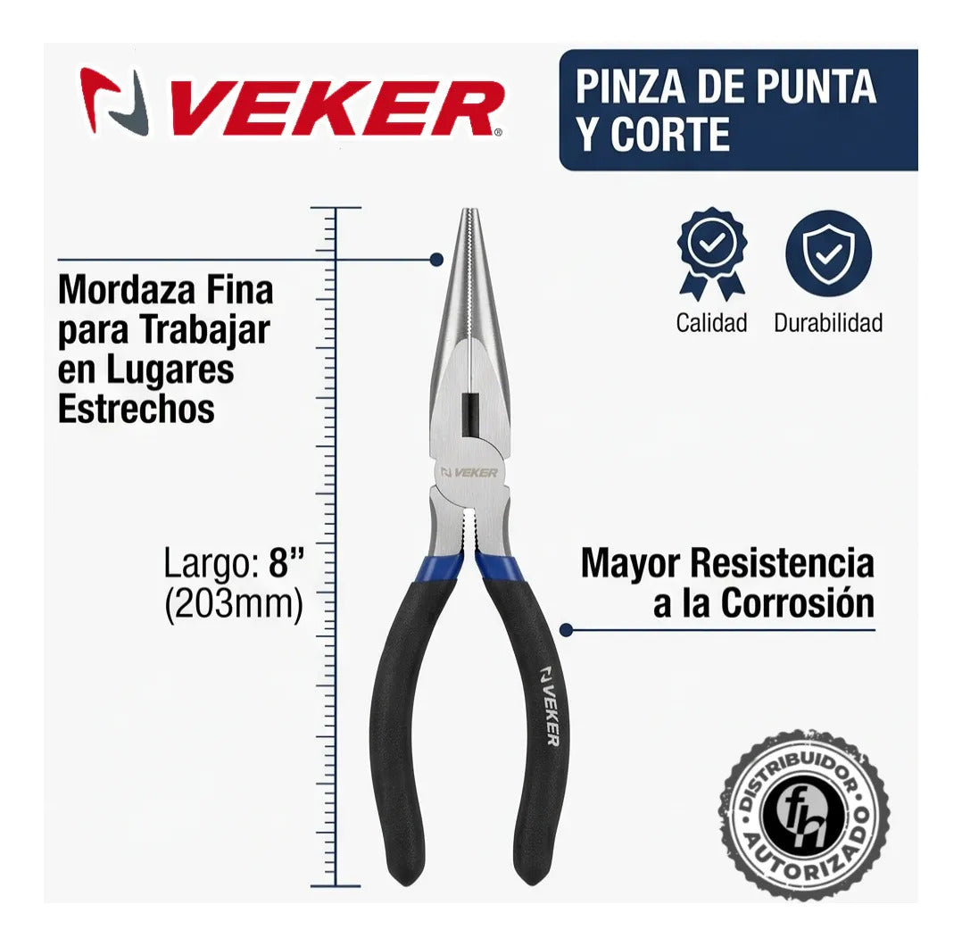 Pinza Punta Y Corte Multiusos Mango Aislado 8'' Veker 12672 Alicate De Punta