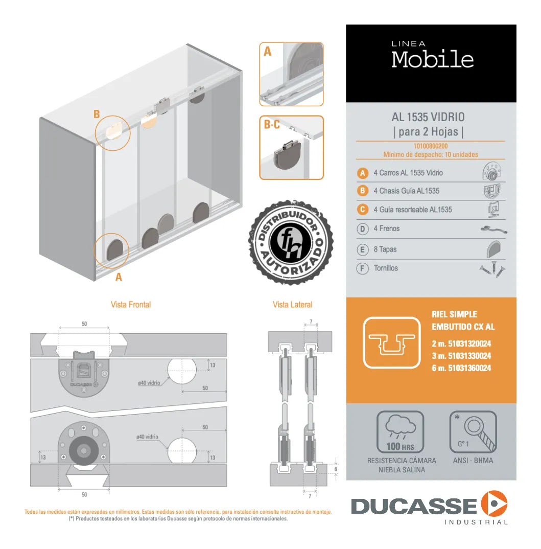 Sistema Corredizo Al 1535 Para Puertas Vidrio Ducasse
