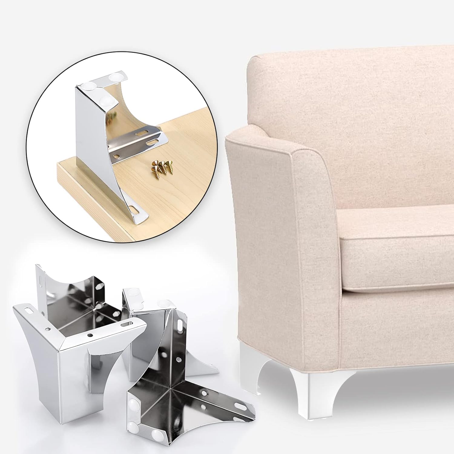Pata Para Sofá y Muebles Esquinera 10 cm Acero Cromo 4 Piezas Con Tornillos