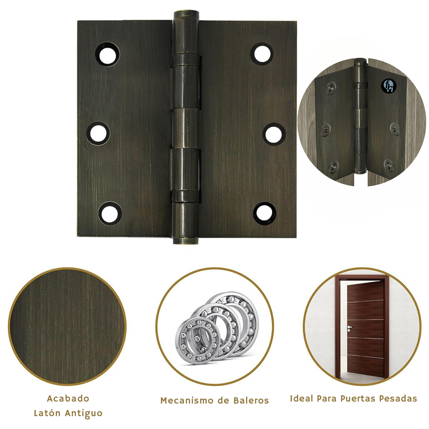 Bisagra 3x3'' Con Balero Para Puertas De Madera Latón Antiguo