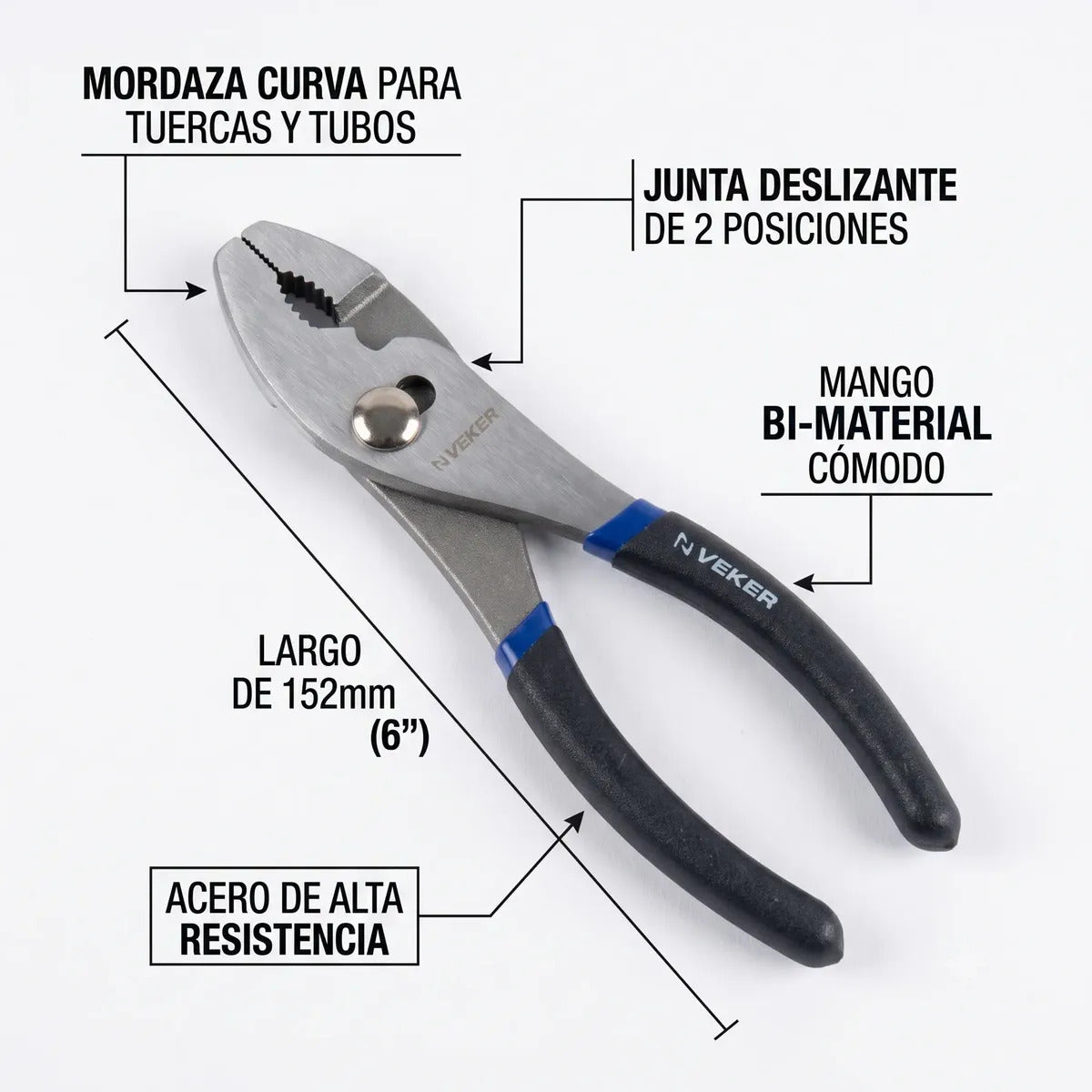 Pinza De Chofer Acero 6" Pulgadas Mango PVC Veker 12668 Pinzas Mecánicas Mordaza De Precisón Dos Posiciones de Ajuste