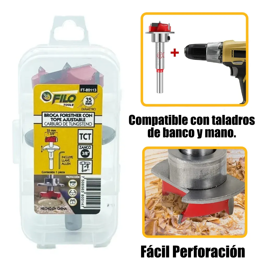 Broca Forstner 35 mm Para Madera Carburo De Tungsteno Con Tope Ajustable