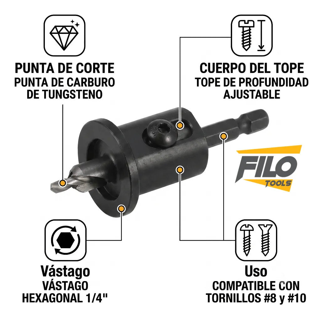 Avellanador Carburo Con Tope De Profundidad Y Broca Titanio