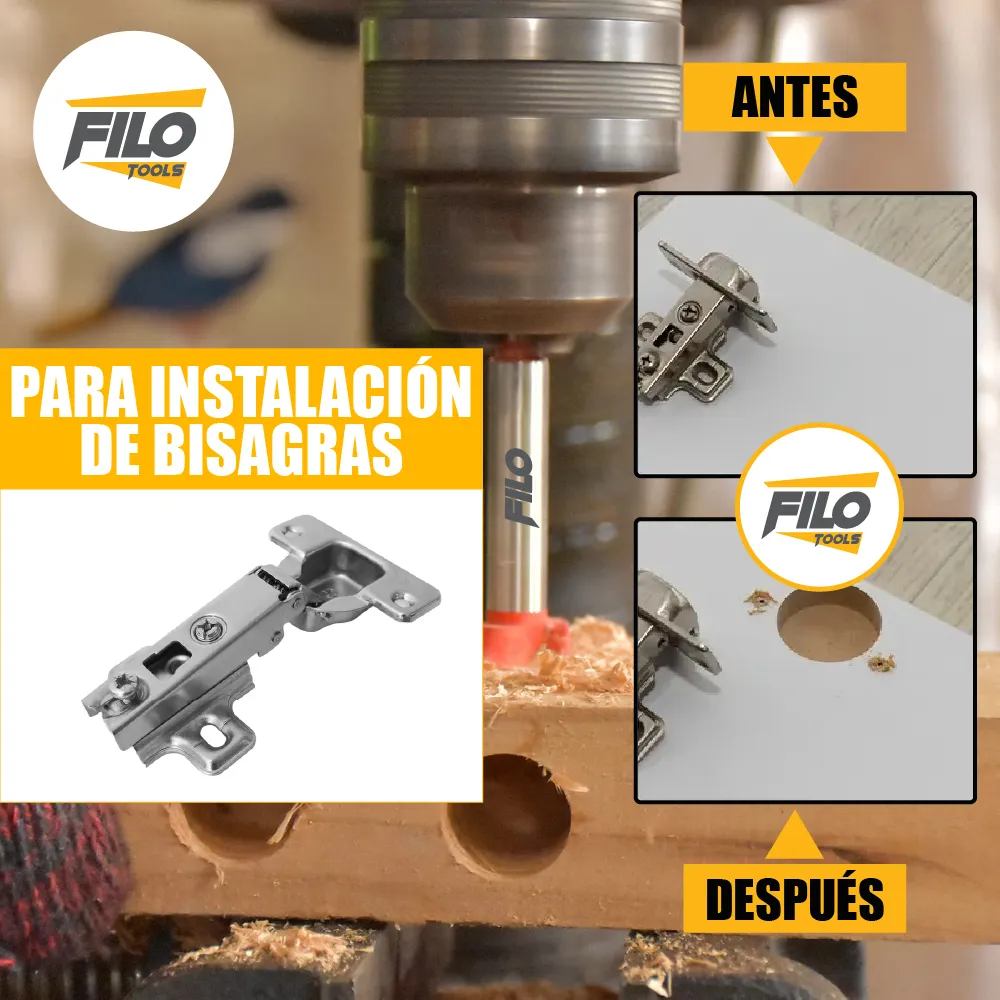 Broca Tipo Forstner Para Madera 26 mm Carburo De Tungsteno + 5 Pares Bisagra