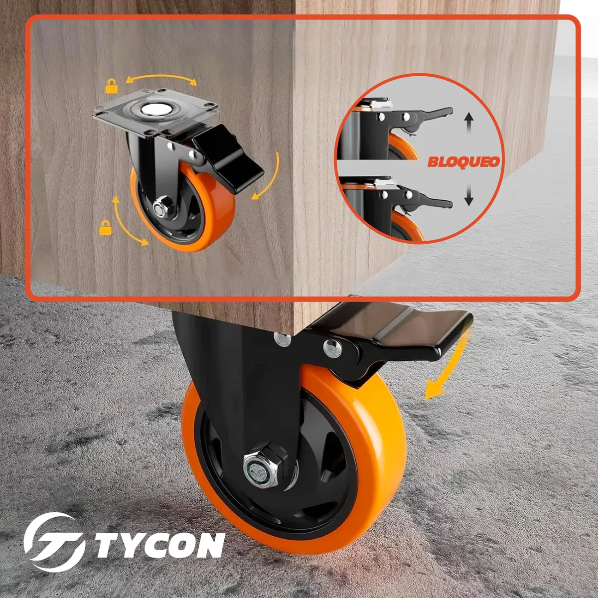 Rodaja Giratoria Rueda 150 mm Doble Balero Con Freno Tycon Naranja