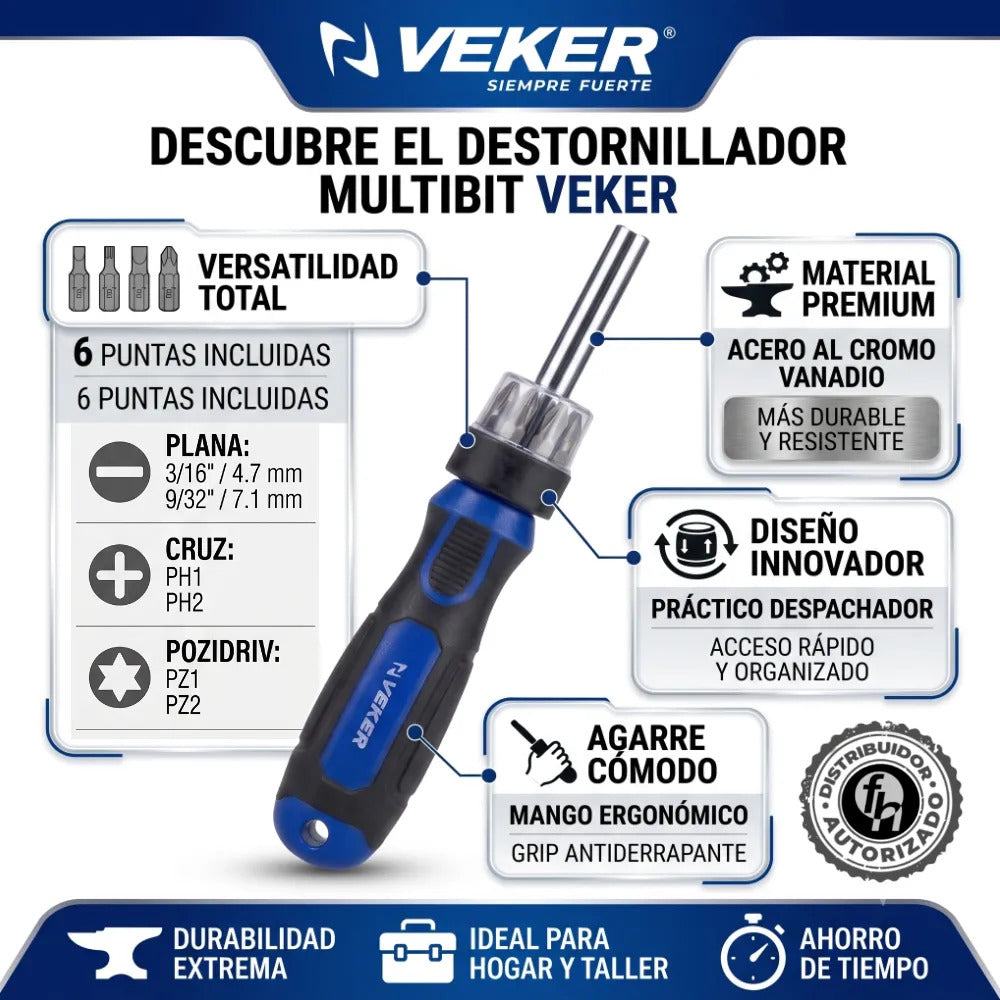Juego Desarmador Con 6 Puntas Intercambiables Veker 12220 Multipunta Herramienta Multiusos Destornillador de Precisión