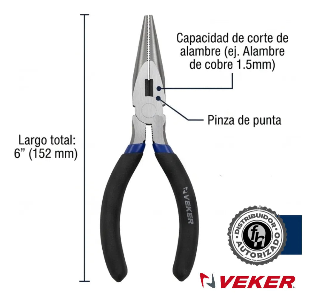 Pinza De Punta Y Corte Multiusos Mango Comfort 6'' Veker 12670 Alicate De Punta