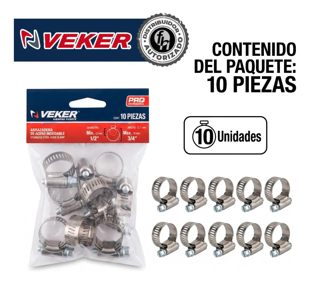 Abrazadera Reforzada 12585 Acero Inox 1/2 - 3/4 Veker 10pzs