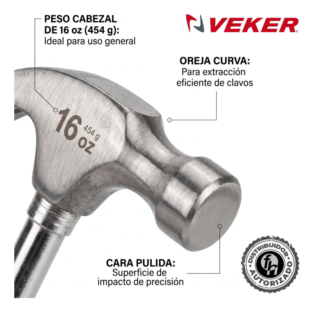 Martillo Uña Curva Pulido 16oz Mango Tubular  De Goma Ergonómico 33 cm Acero Veker 12315